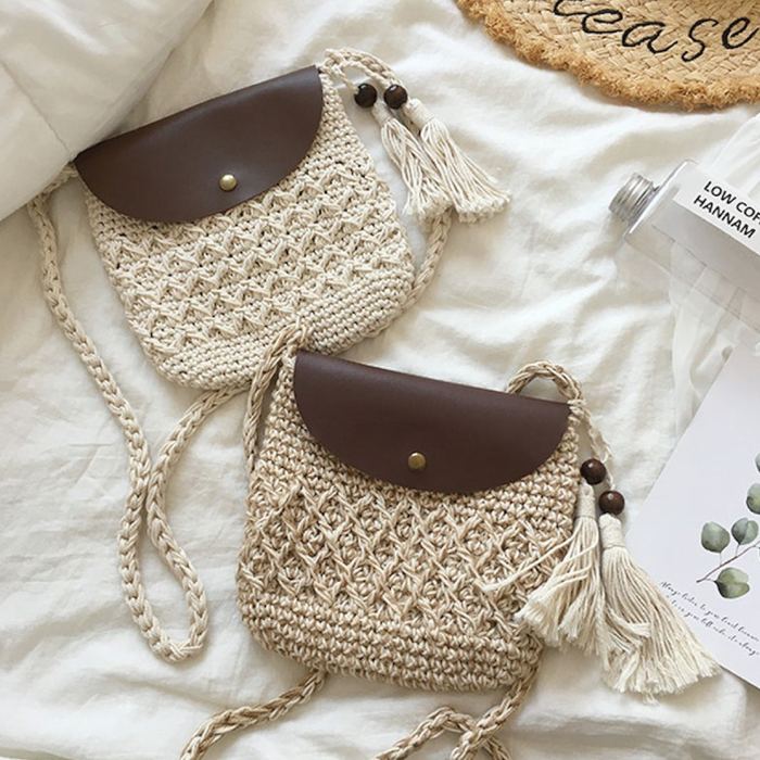 Small Crochet Crossbody Bag with Rounded Brown Flap