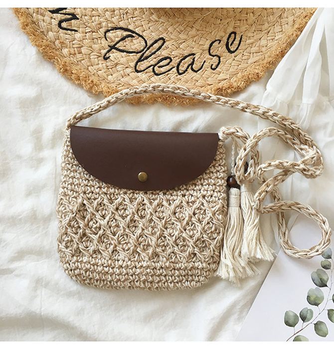 Small Crochet Crossbody Bag with Rounded Brown Flap