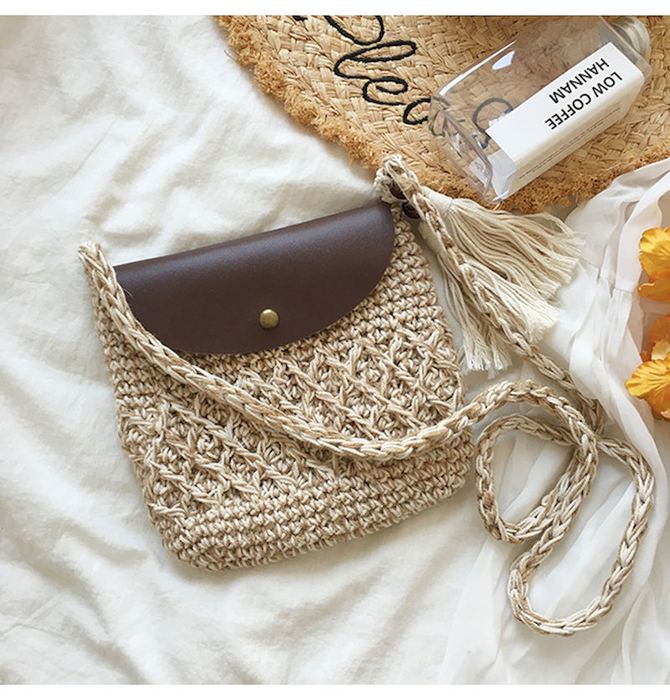 Small Crochet Crossbody Bag with Rounded Brown Flap