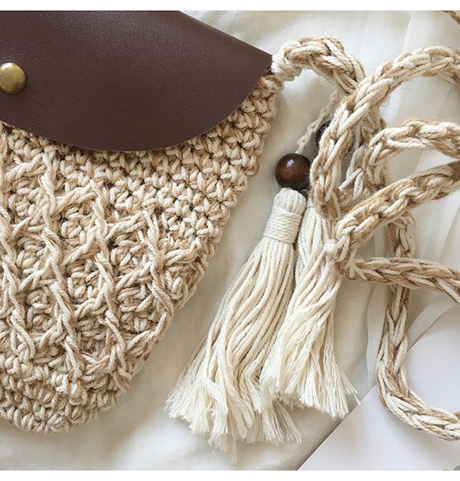 Small Crochet Crossbody Bag with Rounded Brown Flap