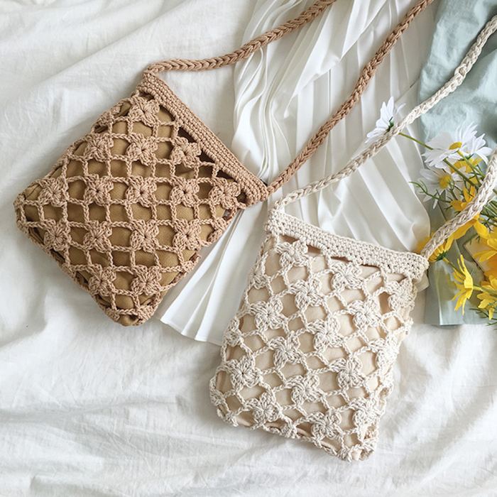 Rectangular Crochet Crossbody Pouch with Diamond Openwork