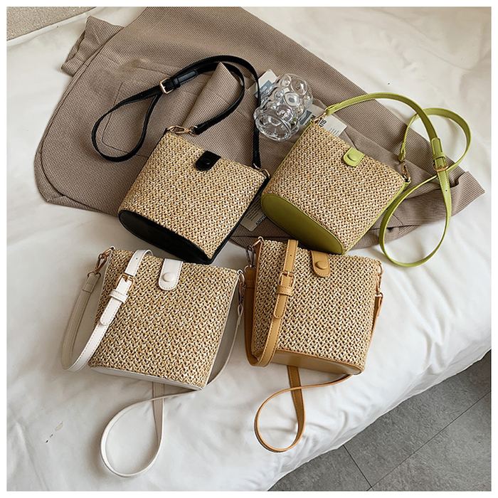 Mini Straw Crossbody Bag with High Quality Synthetic Leather Trim