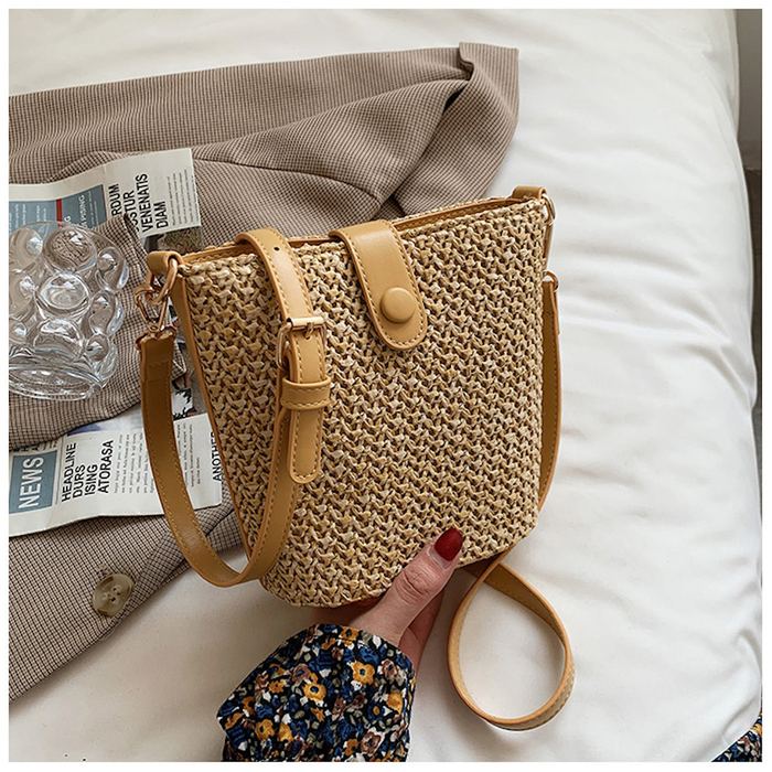 Mini Straw Crossbody Bag with High Quality Synthetic Leather Trim