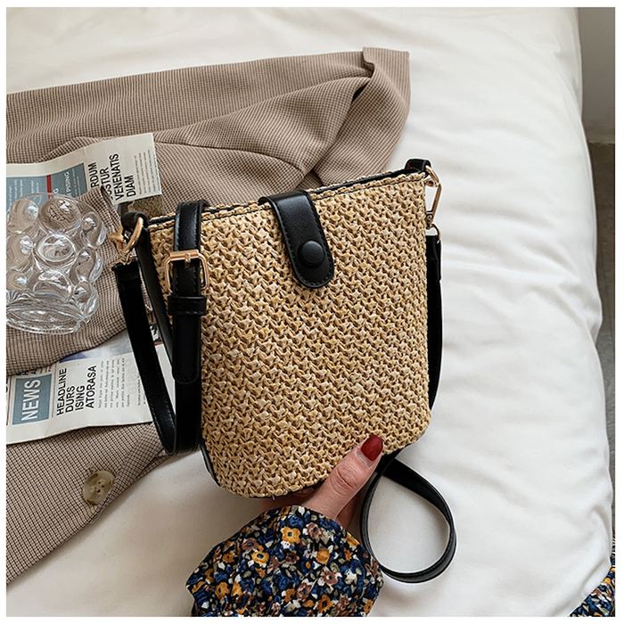 Mini Straw Crossbody Bag with High Quality Synthetic Leather Trim