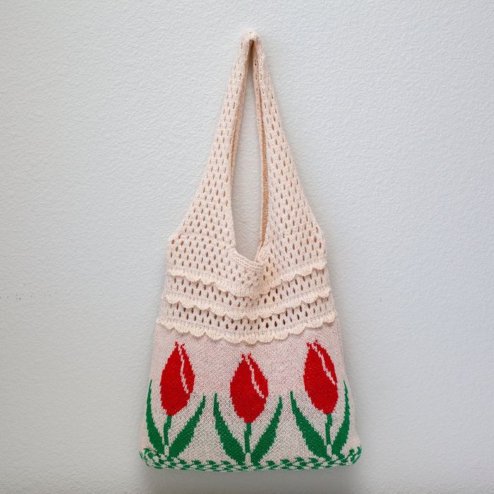 Tulip-Pattern Cotton Knit Shoulder Bag
