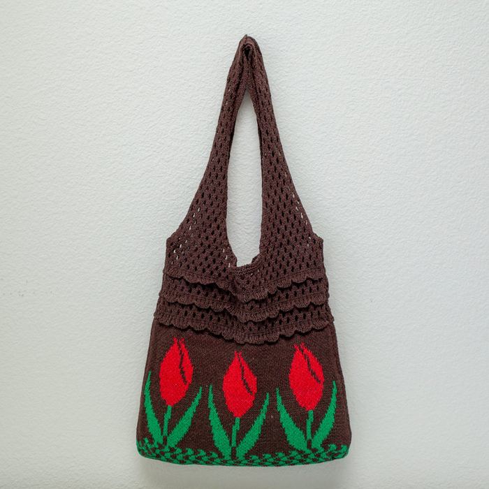 Tulip-Pattern Cotton Knit Shoulder Bag