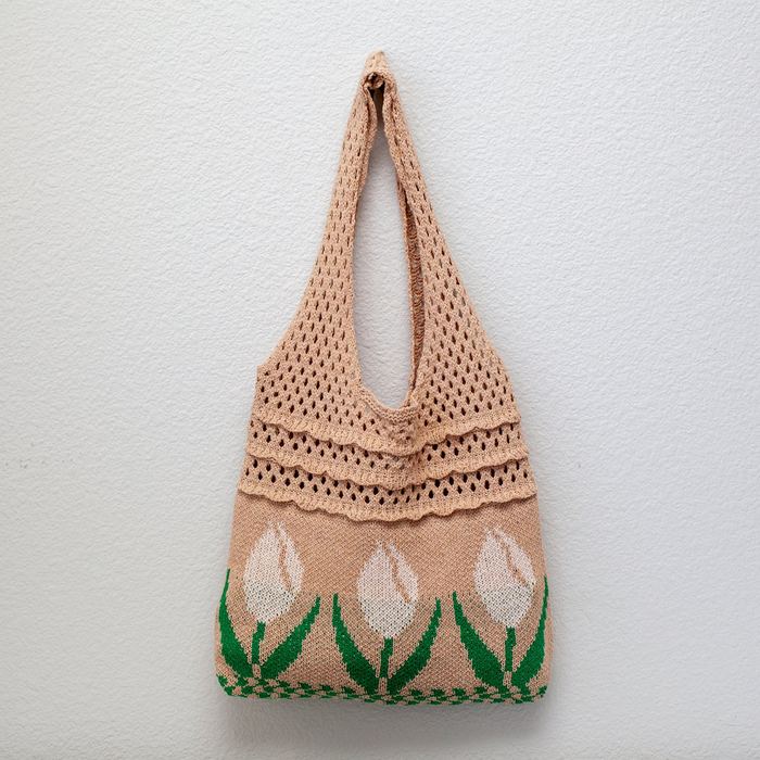 Tulip-Pattern Cotton Knit Shoulder Bag