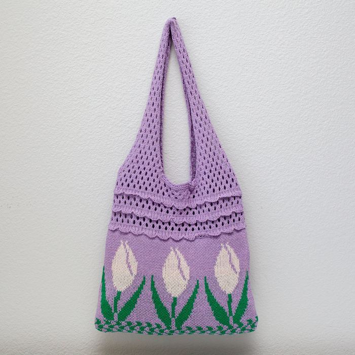Tulip-Pattern Cotton Knit Shoulder Bag