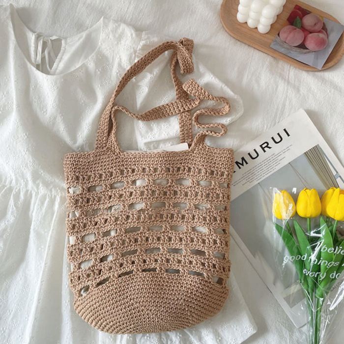 Crochet Bucket Shoulder Bag with Geometric Openwork Bands