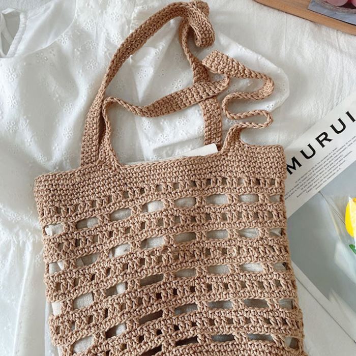 Crochet Bucket Shoulder Bag with Geometric Openwork Bands