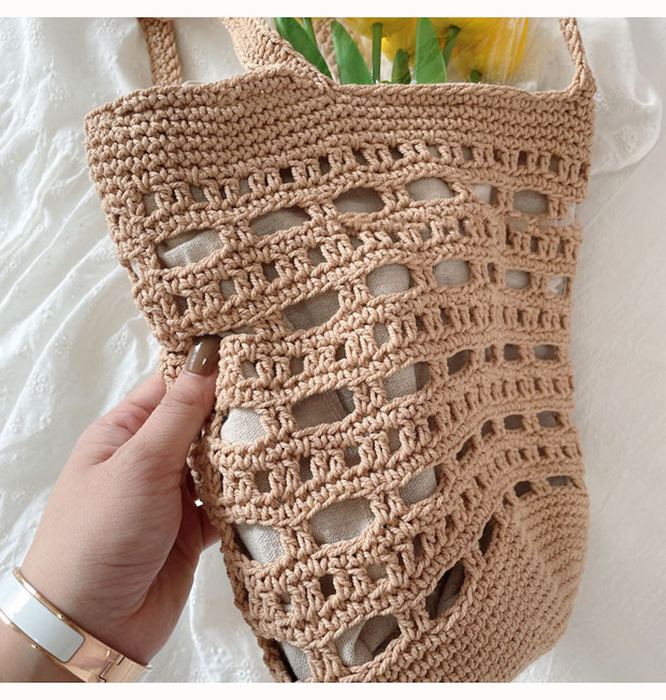 Crochet Bucket Shoulder Bag with Geometric Openwork Bands
