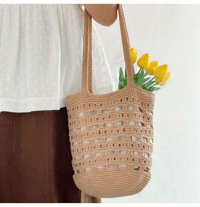 Crochet Bucket Shoulder Bag with Geometric Openwork Bands