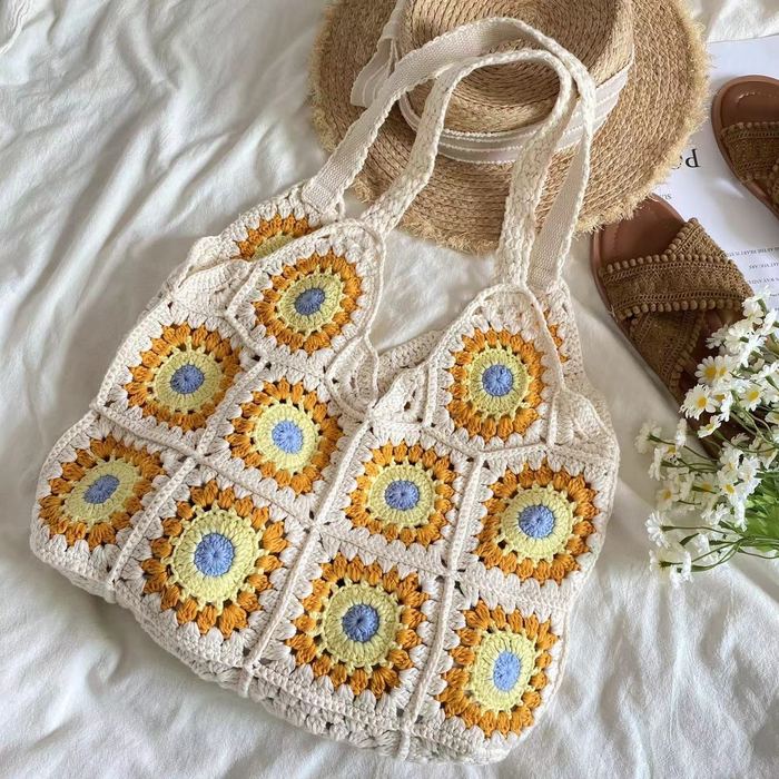 Colorful Floral Granny-Square Knit Tote