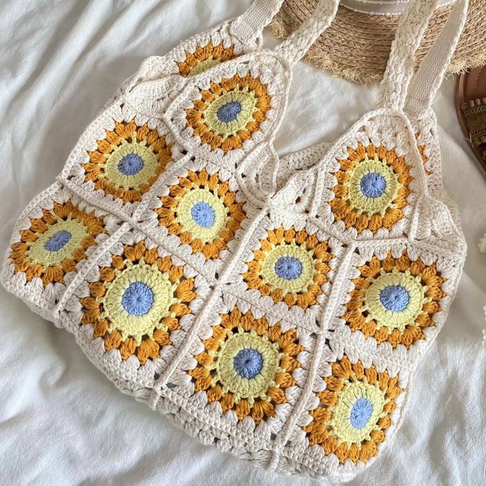 Colorful Floral Granny-Square Knit Tote