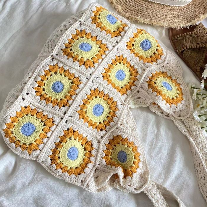 Colorful Floral Granny-Square Knit Tote