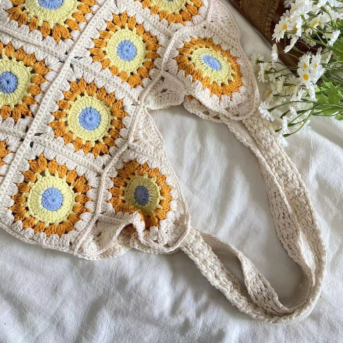 Colorful Floral Granny-Square Knit Tote