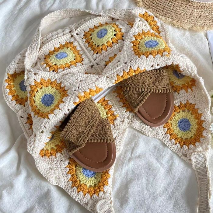 Colorful Floral Granny-Square Knit Tote