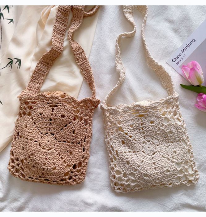 Small Floral Openwork Cotton Knit Shoulder Bag
