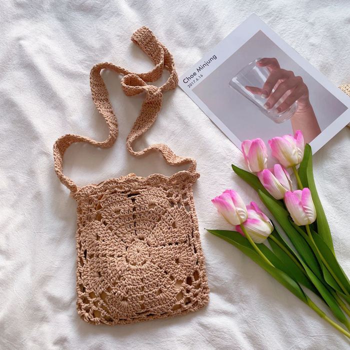 Small Floral Openwork Cotton Knit Shoulder Bag