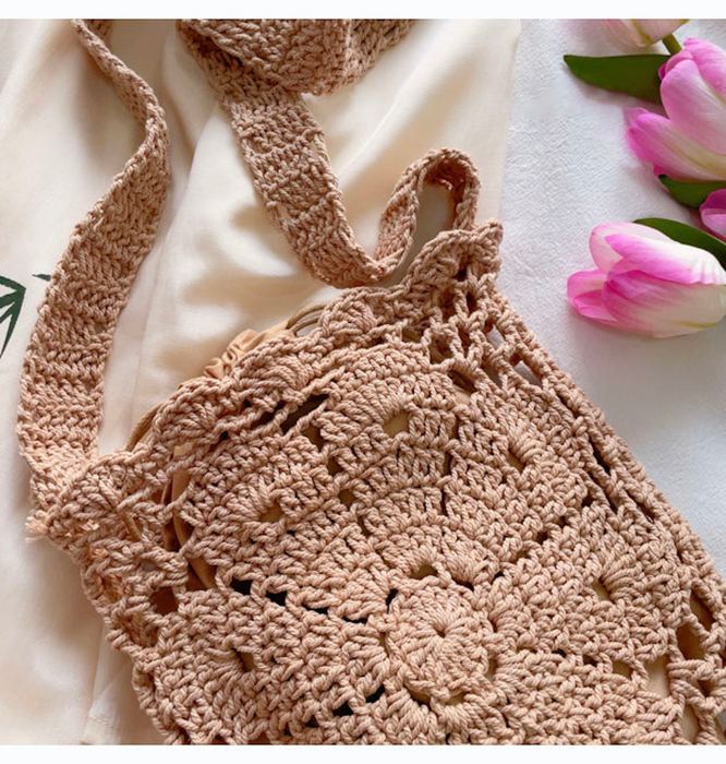 Small Floral Openwork Cotton Knit Shoulder Bag