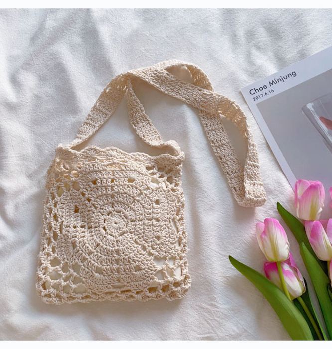 Small Floral Openwork Cotton Knit Shoulder Bag