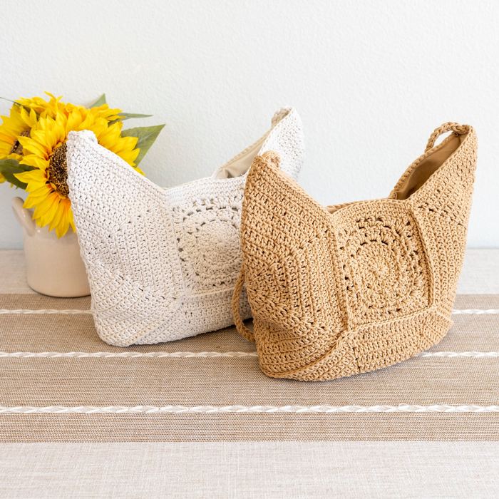 Square-Motif Crochet Crossbody Bag with Long Strap