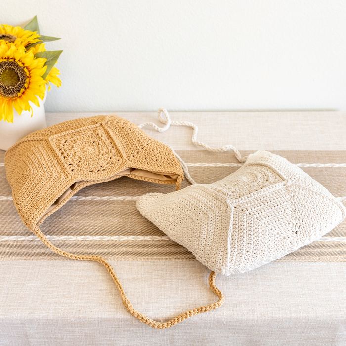Square-Motif Crochet Crossbody Bag with Long Strap