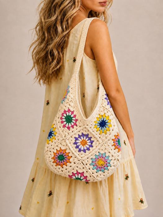 Colorful Floral Square Crochet Shoulder Bag