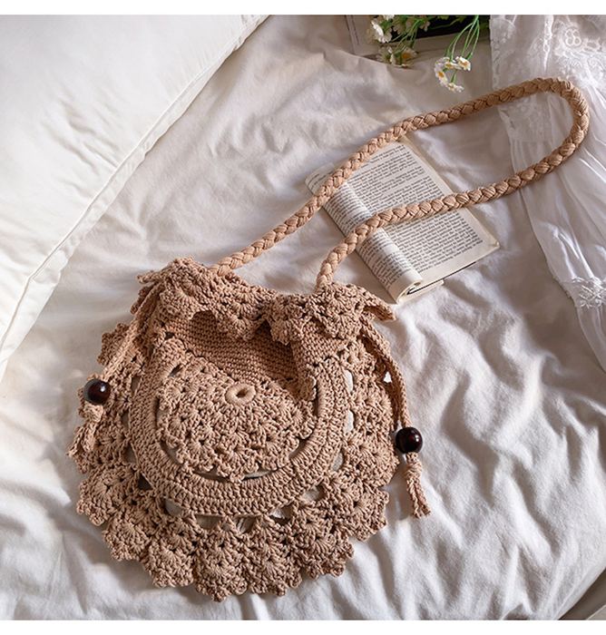 Round Floral Openwork Knit Shoulder Bag