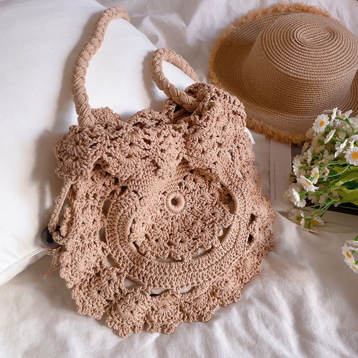 Round Floral Openwork Knit Shoulder Bag
