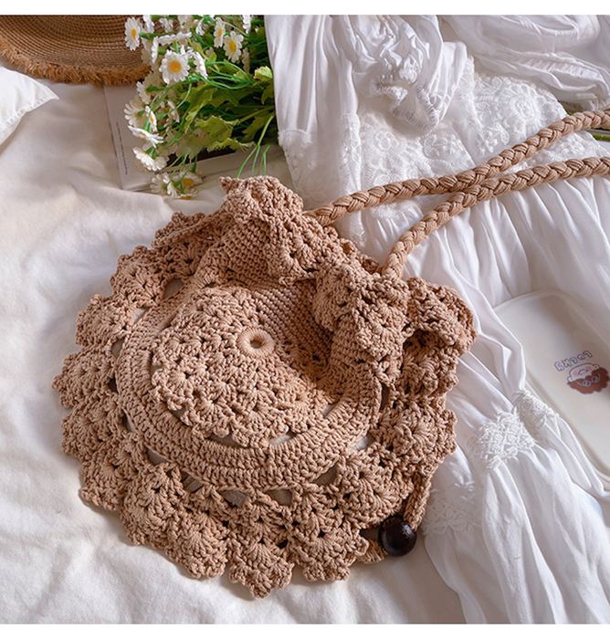 Round Floral Openwork Knit Shoulder Bag