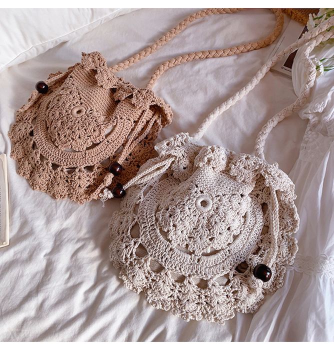 Round Floral Openwork Knit Shoulder Bag