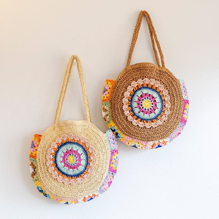 Round Straw Shoulder Tote with Colorful Floral Medallion