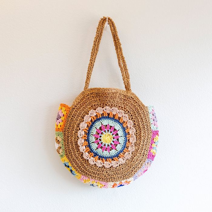 Round Straw Shoulder Tote with Colorful Floral Medallion