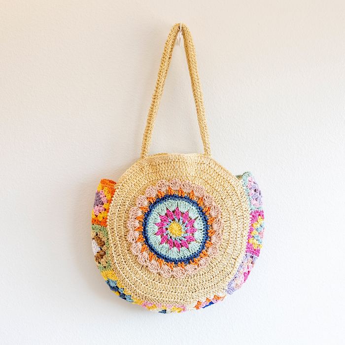 Round Straw Shoulder Tote with Colorful Floral Medallion