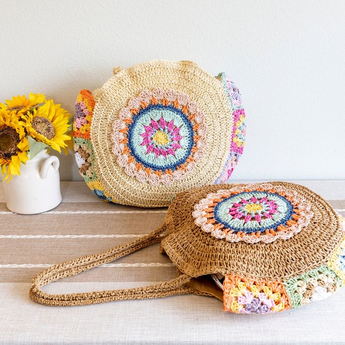 Round Straw Shoulder Tote with Colorful Floral Medallion
