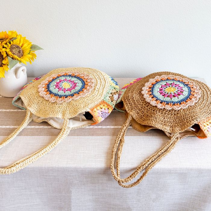 Round Straw Shoulder Tote with Colorful Floral Medallion