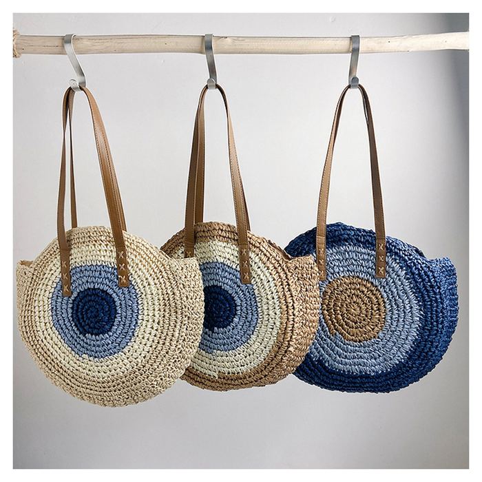 Round Straw Shoulder Tote with Blue Ring Pattern
