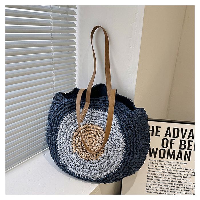 Round Straw Shoulder Tote with Blue Ring Pattern