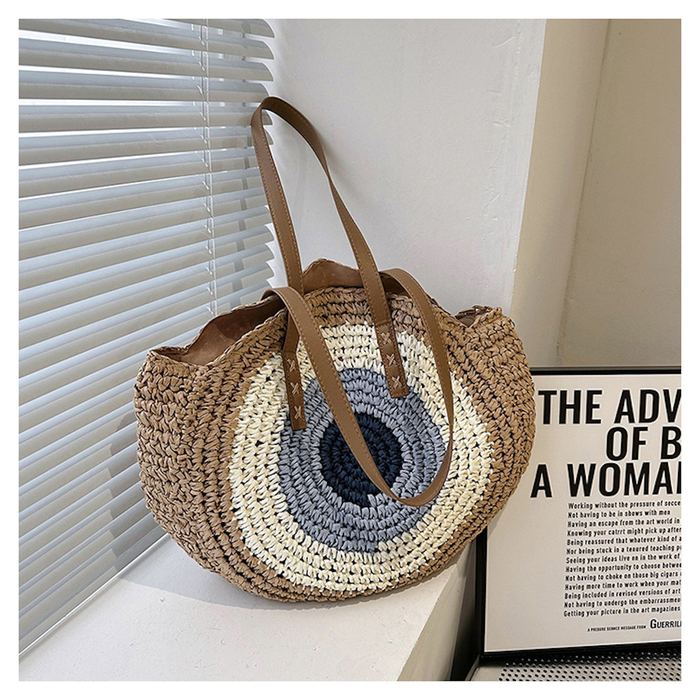 Round Straw Shoulder Tote with Blue Ring Pattern