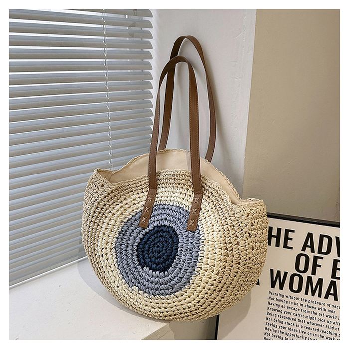 Round Straw Shoulder Tote with Blue Ring Pattern