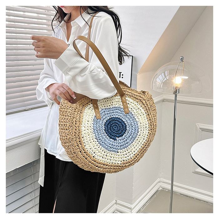 Round Straw Shoulder Tote with Blue Ring Pattern