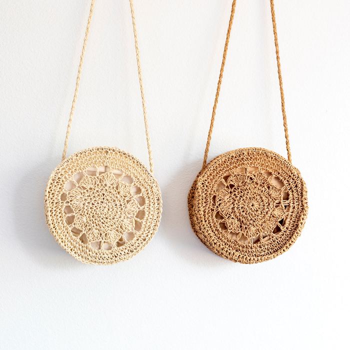 Round Floral Openwork Straw Shoulder Bag