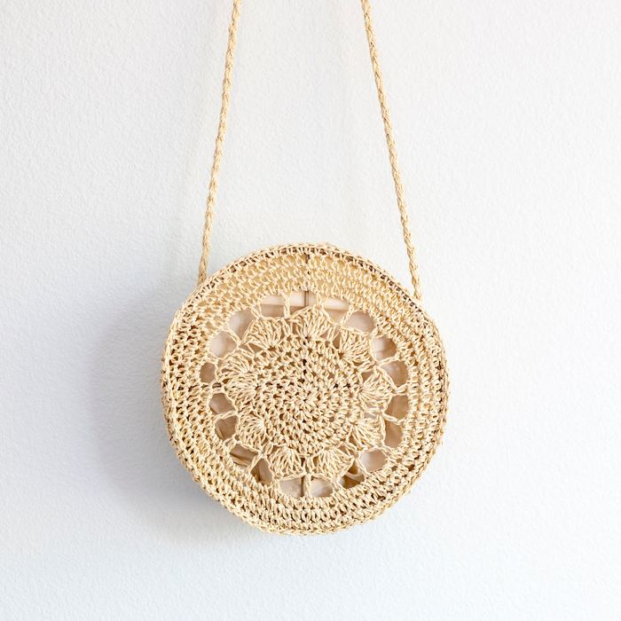 Round Floral Openwork Straw Shoulder Bag