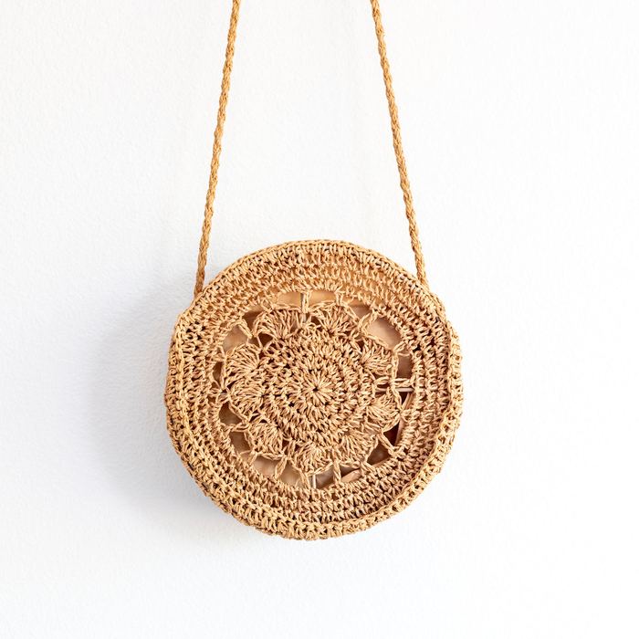 Round Floral Openwork Straw Shoulder Bag