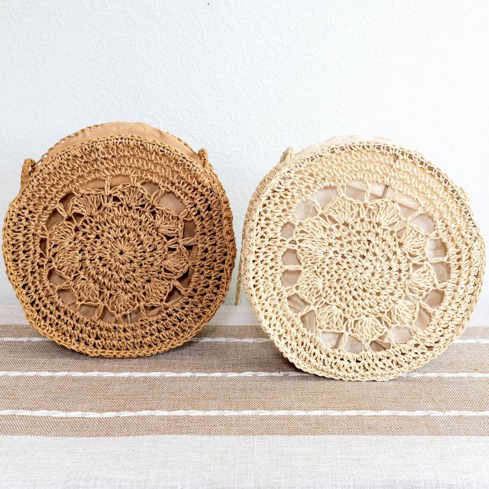 Round Floral Openwork Straw Shoulder Bag