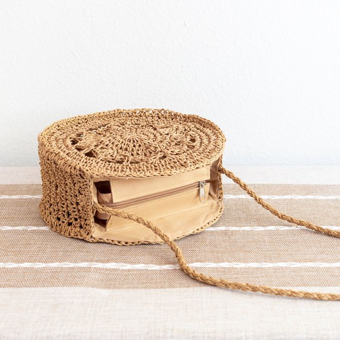 Round Floral Openwork Straw Shoulder Bag