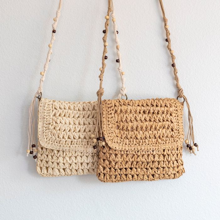 Woven Straw Flap Crossbody Bag with Knotted Strap