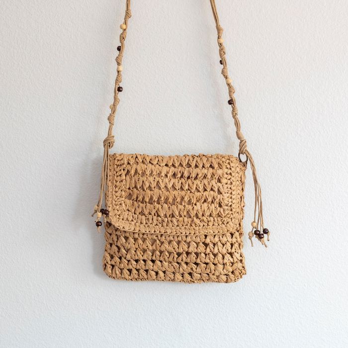 Woven Straw Flap Crossbody Bag with Knotted Strap