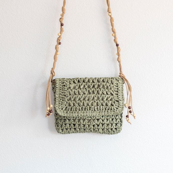 Woven Straw Flap Crossbody Bag with Knotted Strap